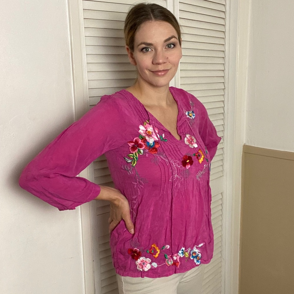 Johnny Was Embroidered Pink Top